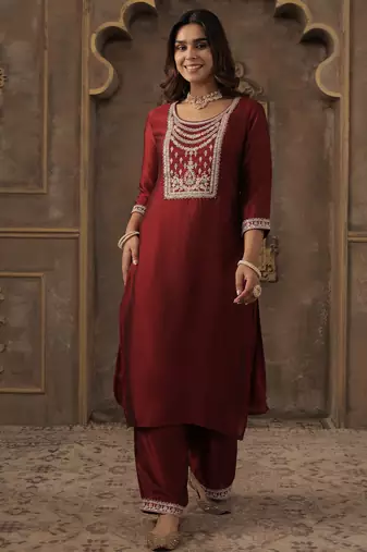 Maroon embroidered liva kurta trouser set