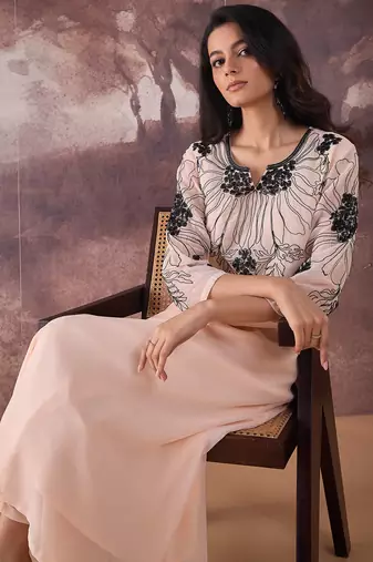Beige embroidered georgette kurta trouser set