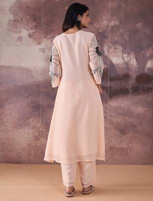 Beige embroidered georgette kurta trouser set 3