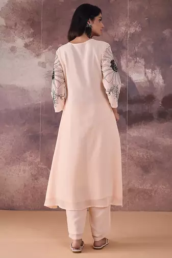 Beige embroidered georgette kurta trouser set