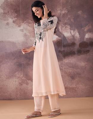 Beige embroidered georgette kurta trouser set 4