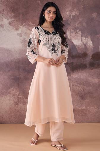 Beige embroidered georgette kurta trouser set