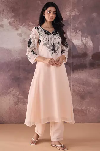 Beige embroidered georgette kurta trouser set