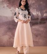 Beige embroidered georgette kurta trouser set