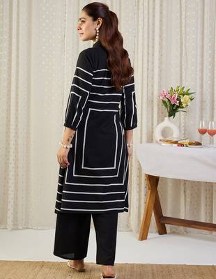 Black printed cotton kurta trouser set 3