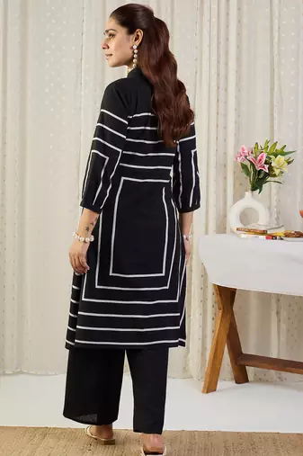 Black printed cotton kurta trouser set