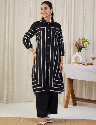 Black printed cotton kurta trouser set 4