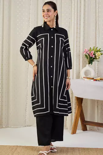 Black printed cotton kurta trouser set