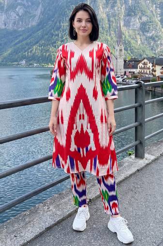 Off white printed cotton kurta trouser set