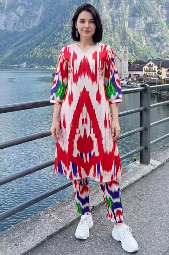 Off white printed cotton kurta trouser set