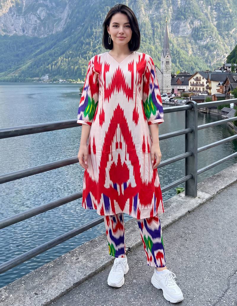 Off white printed cotton kurta trouser set