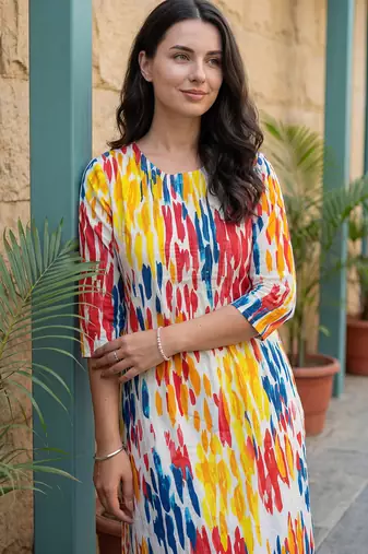 Multicolor printed cotton kurta trouser set