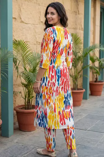 Multicolor printed cotton kurta trouser set