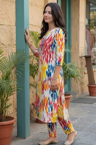 Multicolor printed cotton kurta trouser set