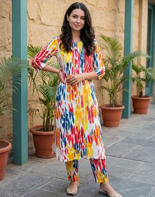 Multicolor printed cotton kurta trouser set 4