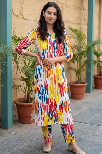 Multicolor printed cotton kurta trouser set