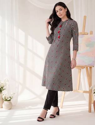 Black printed cotton kurta trouser set 1