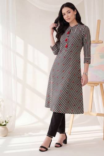Black printed cotton kurta trouser set