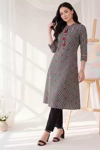Black printed cotton kurta trouser set