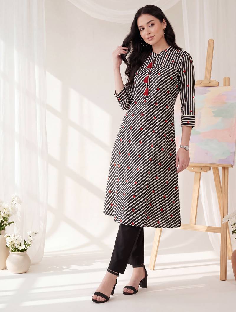 Black printed cotton kurta trouser set