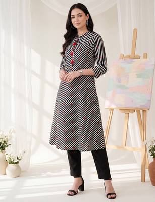 Black printed cotton kurta trouser set 2