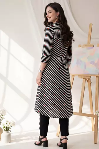 Black printed cotton kurta trouser set
