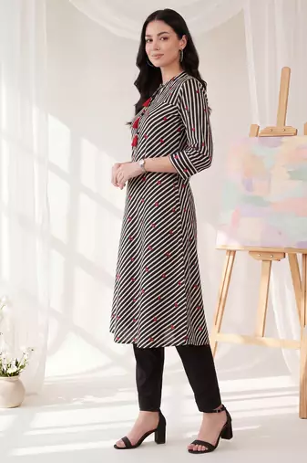 Black printed cotton kurta trouser set