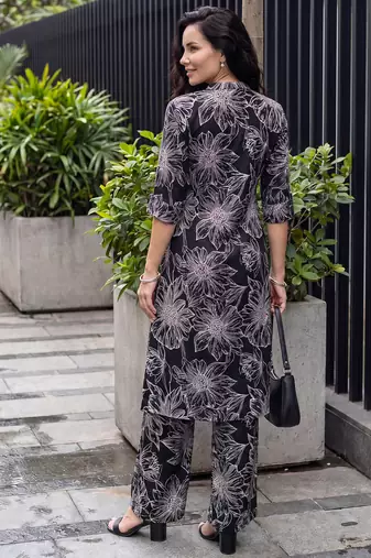 Black printed viscose rayon kurta trouser set