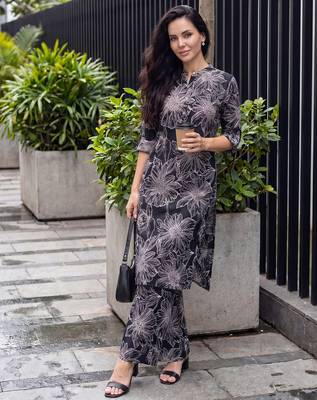 Black printed viscose rayon kurta trouser set 1