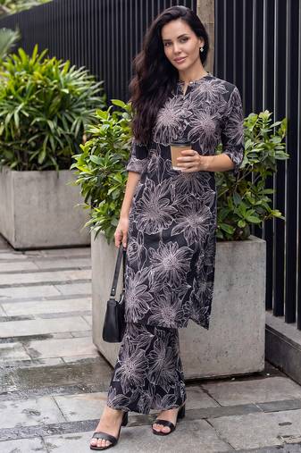 Black printed viscose rayon kurta trouser set