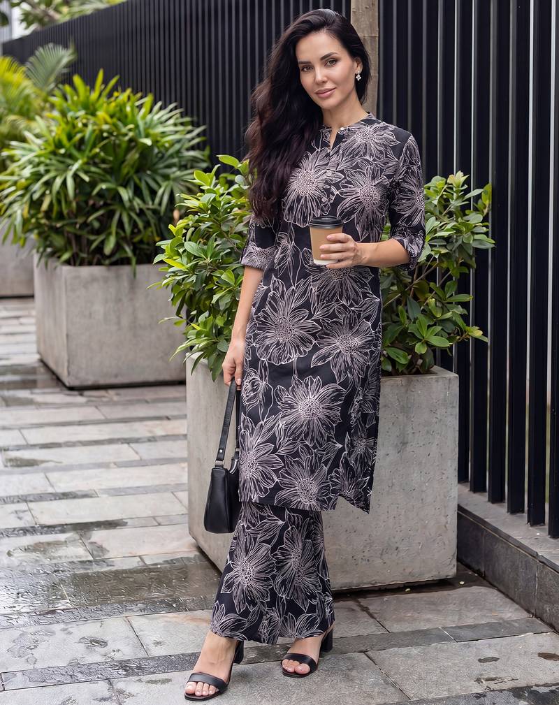 Black printed viscose rayon kurta trouser set