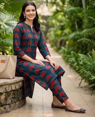 Blue printed cotton kurta trouser set 1