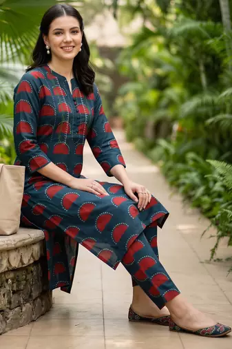 Blue printed cotton kurta trouser set