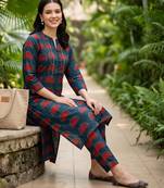 Blue printed cotton kurta trouser set