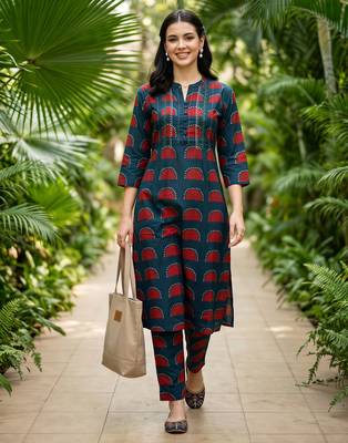 Blue printed cotton kurta trouser set 2
