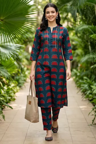 Blue printed cotton kurta trouser set
