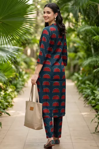Blue printed cotton kurta trouser set