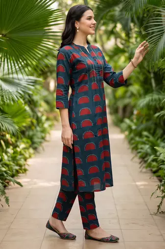 Blue printed cotton kurta trouser set