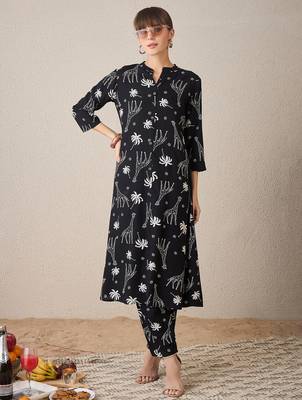 Black printed viscose rayon kurta trouser set 1