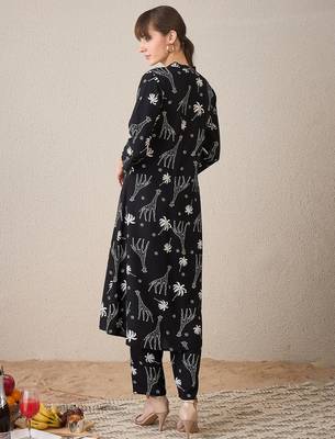 Black printed viscose rayon kurta trouser set 2