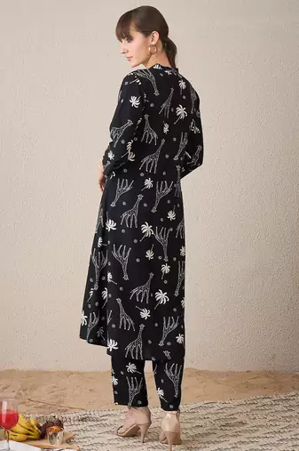 Black printed viscose rayon kurta trouser set