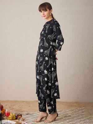 Black printed viscose rayon kurta trouser set 3