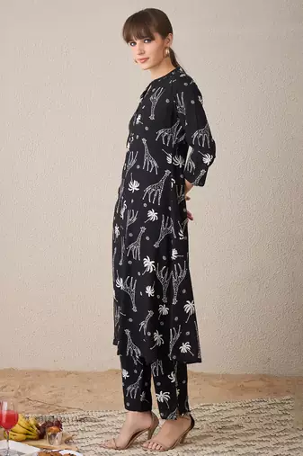 Black printed viscose rayon kurta trouser set