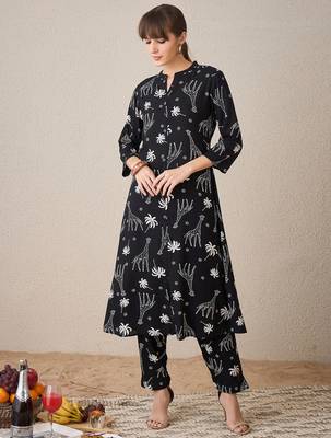 Black printed viscose rayon kurta trouser set 4