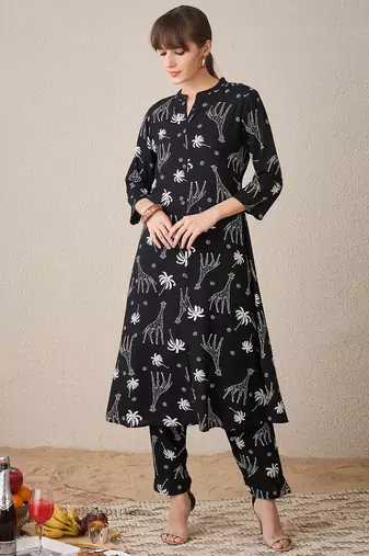 Black printed viscose rayon kurta trouser set