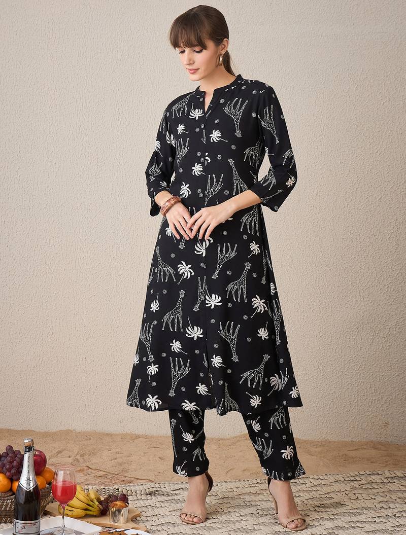 Black printed viscose rayon kurta trouser set