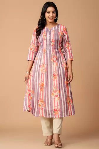 Purple printed cotton kurta trouser set