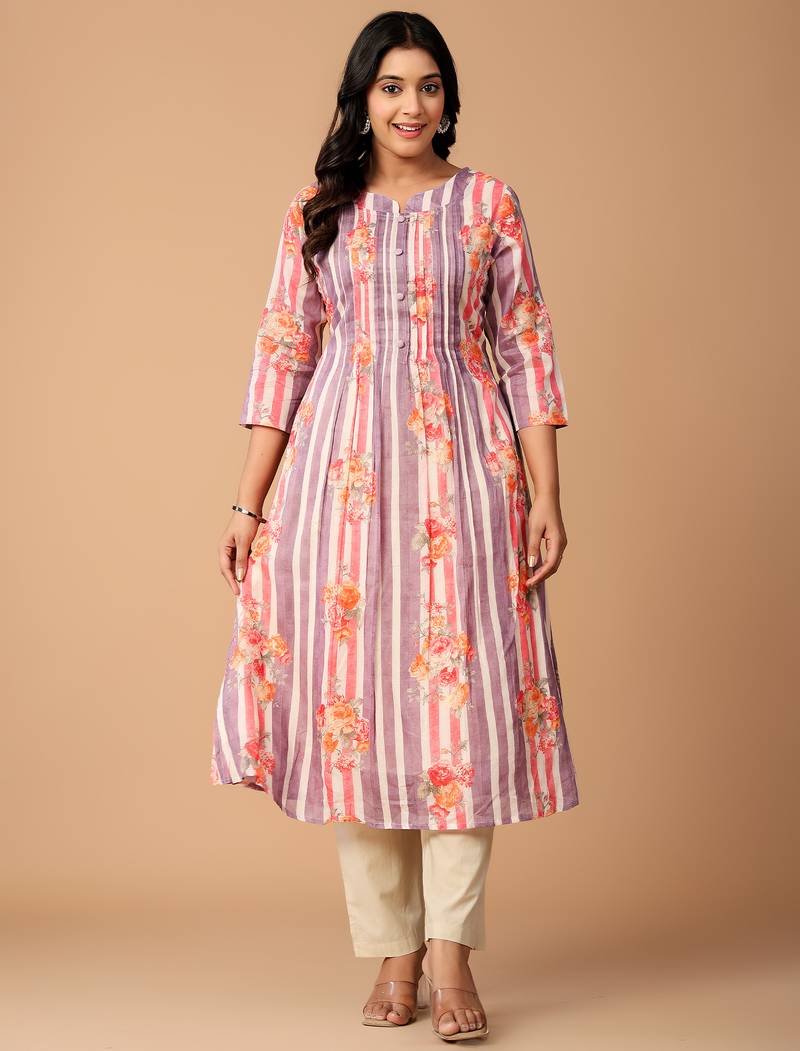 Purple printed cotton kurta trouser set