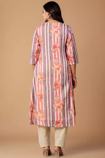 Purple printed cotton kurta trouser set