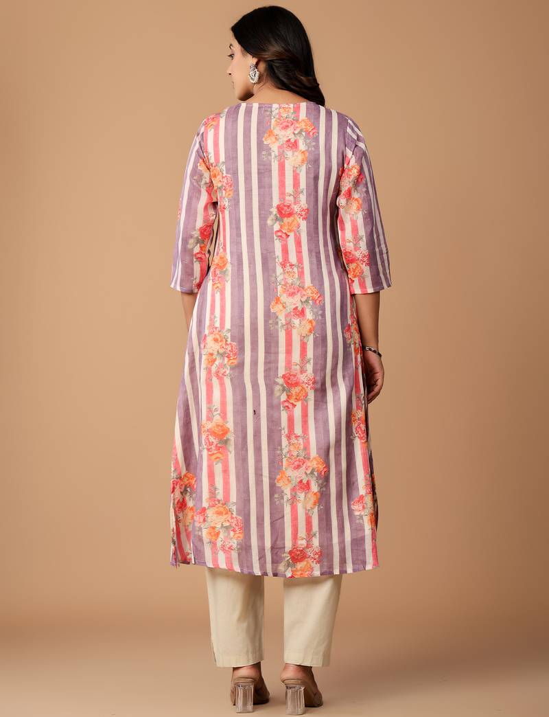 Purple printed cotton kurta trouser set